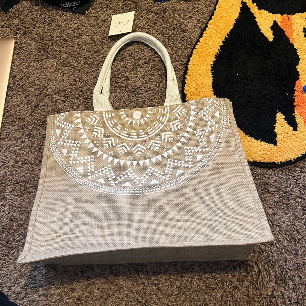 Beige Textured Tote with Ornate Design